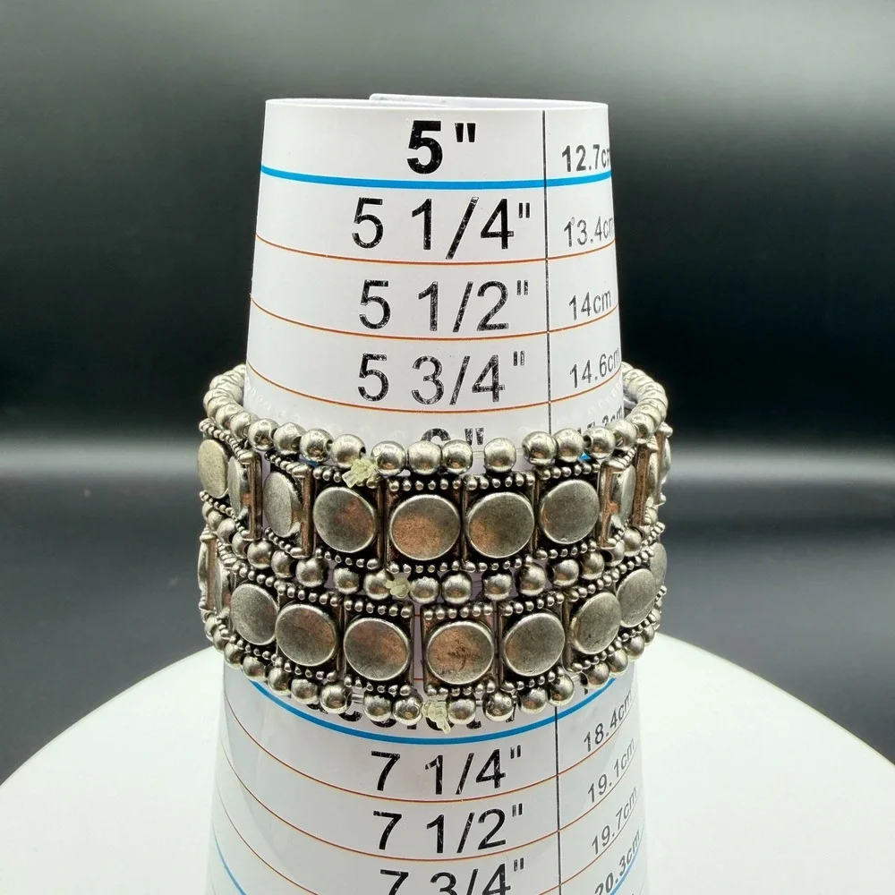 Silver Tone Chunky Stretch Bracelet Geometric Coin Bead Boho Statement Jewelry